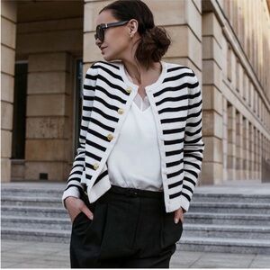 Goelia Wool Blend Black and White Striped Cardigan Gold Button Up Size Medium